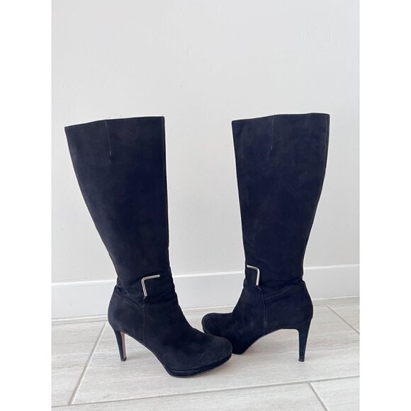 Nine West NWEVAH Size 9 1/2 M Tall Black 3 1/2 Inch Heel Boots with Zipper - Picture 1 of 14